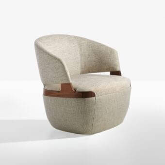Distinguished Potocco Velis lounge chair with neutral beige textured textile upholstery and satin-finish wood accents