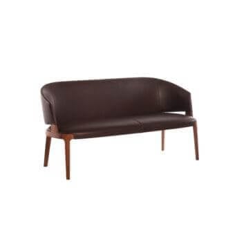 Distinguished Potocco Velis sofa with enveloping back and seat, built in rich brown leather with Canaletto walnut frame and legs