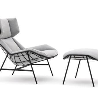 Refined Varaschin Summer Set footrest with light gray textile cushion and matte black powder coated steel frame