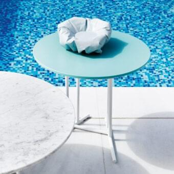Stylish Varaschin Belt coffee table with light blue HPL tabletop and white powder-coated steel base in matte finish