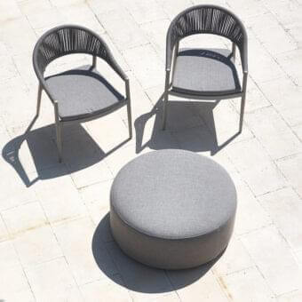 Distinguished Varaschin Belt ottoman with medium gray textile upholstery crafted for comfortable outdoor seating and lasting durability