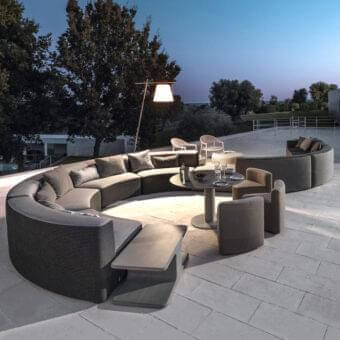 Superior Varaschin Belt sectional with solid okumé wood structure and neutral gray Dryfeel foam offering a subtly mottled matte finish