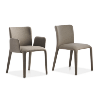 Superior Potocco Lars chair fully upholstered in matte taupe fabric or leather with seamless integrated legs and curved back