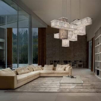 Exclusive Masiero Cubo suspension lamp with a multi-tiered geometric silhouette and transparent crystal pendants in a shiny chrome metal frame