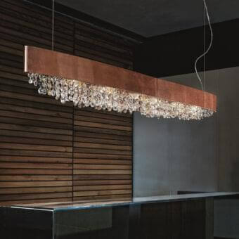 Exceptional Masiero Olà Ovale suspension lamp with burnished metal frame and amber-colored coated Italian glass pendants