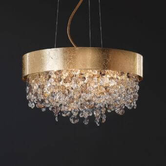 Lavish Masiero Olà Round suspension lamp with gold leaf frame and amber coated Italian glass pendants