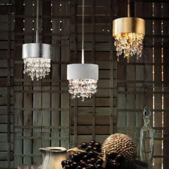 Captivating Masiero Olà suspension lamp with polished silver frame and transparent crystal coated Italian glass pendants