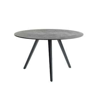 Elegant Potocco Katana indoor table with dark gray embossed painted metal legs and uniform gray porcelain stoneware top