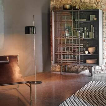 Distinguished Potocco Sen cupboard with dark gray metal framing and light ash wood shelving visible through bronzed glass sliding doors crafted with crossed ash grids