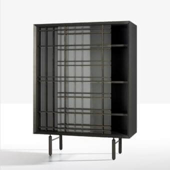 Refined Potocco Sen cupboard with ash container and crossed grid detailing in matte dark gray wood with bronzed glass doors