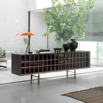 Distinguished Potocco Sen sideboard crafted from ash wood with bronzed glass sliding doors and satin finish