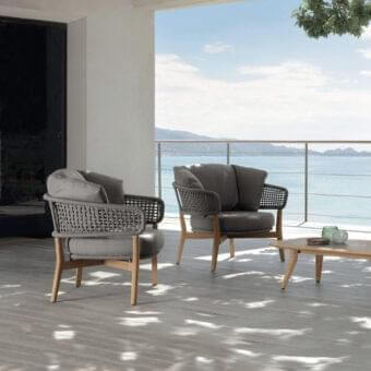 Distinguished Talenti Moon lounge chair with grey tubular aluminum rope and natural teak wood frame with satin finish