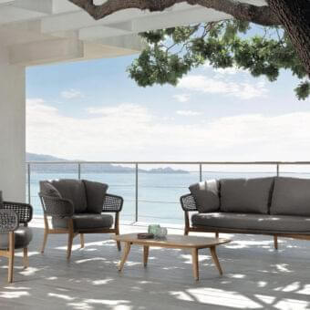 Exceptional Talenti Moon lounge chair with natural teak wood and intertwining grey ropes, finished with uniform gray weather-resistant cushions