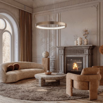 Distinguished Masiero Libe Round Suspension Lamp with a galvanized metal frame and chromed metal details in light gold tones