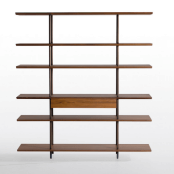 Distinguished Potocco Arial bookcase with warm brown wooden shelves and bronzed brass structure, exhibiting a matte finish