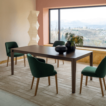 Exceptional Potocco Blossom table crafted in ash wood with a dark brown finish and subtly inclined legs
