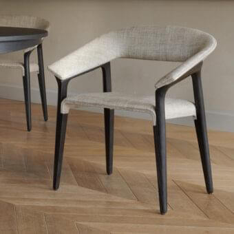 Distinguished Potocco Memory armchair with dark solid ash wood and light textile upholstery in a matte finish
