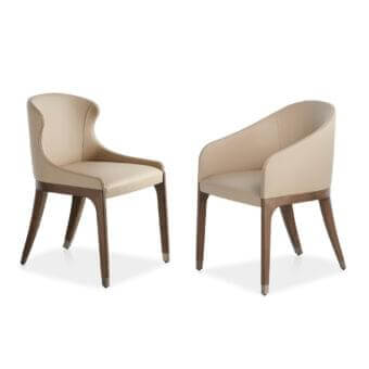 Superior Potocco Miura armchair with sinuous lines upholstered in light beige fabric and dark brown finished beech wood