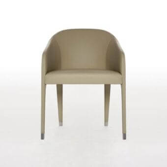 Elegant Potocco Miura armchair with light tan smooth matte leather upholstery and cylindrical metal-capped legs