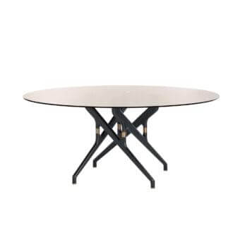 Exceptional Potocco Torso table with round glass top and solid ash or Canaletto walnut base crafted with burnished brass details