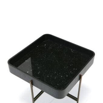 Exceptional Potocco Tray side table with black marble-patterned glass and a muted metallic frame built with curved ash edging