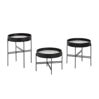 Distinguished Potocco Tray side table with circular white and gray veined marble top and curved ash edge built with a dark metal base