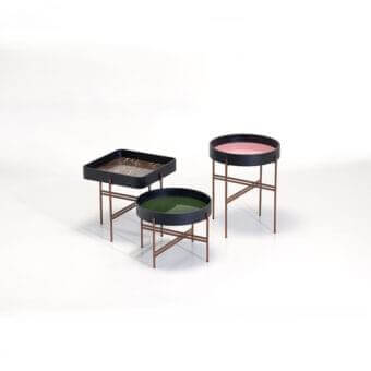 Exceptional Potocco Tray side table with pink glass top and curved ash framing a light copper crossing structure
