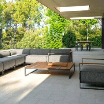 Distinguished Talenti Casilda coffee table with warm brown wood and dark gray powder-coated stainless steel frame crafted in Italy