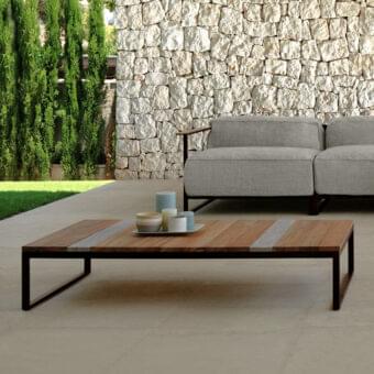 Refined Talenti Casilda coffee table with rectangular wood top and cool grey stone inserts in a satin finish