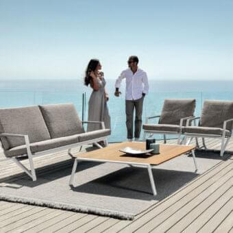 Exceptional Talenti Cottage coffee table with smooth iroko top and refined white aluminum structure