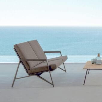 Exceptional Talenti Cottage sofa with dark gray aluminum frame, synthetic belts and muted brown-gray textile upholstery