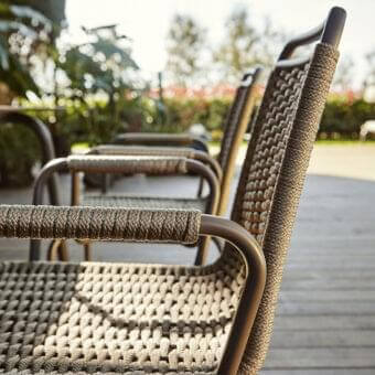 Exclusive Roberti Portofino armchair with aluminium frame woven in nautic rope and matte bronze tones crafted in Italy