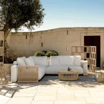 Exceptional Talenti Cliff Déco sectional with woven synthetic nautical rope frame and white outdoor fabric cushions