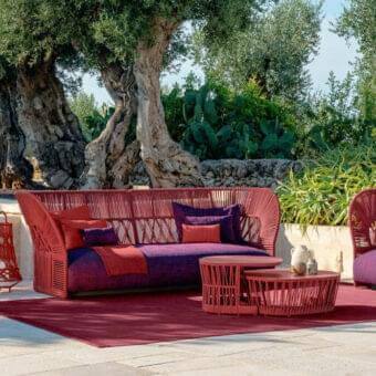 Exceptional Talenti Cliff Déco sofa crafted with reddish-brown woven nautical rope and dark purple cushions for outdoor relaxation
