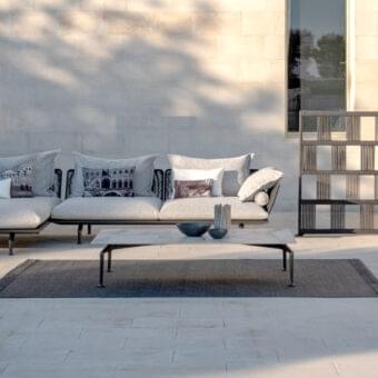 Distinguished Talenti Cruise coffee table with a Calacatta porcelain stoneware top and durable powder-coated aluminum frame in a dark gray finish