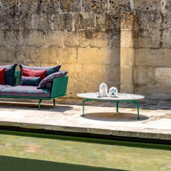 Elegant Talenti Cruise coffee table with Calacatta porcelain stoneware top and muted green matte solid aluminum structure
