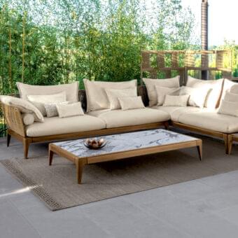 Elegant Talenti Cruise coffee table with white and gray marbled Capraia porcelain stoneware and a polished glossy finish