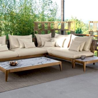 Exclusive Talenti Cruise coffee table with rectangular light brown teak frame and refined Capraia porcelain stoneware top