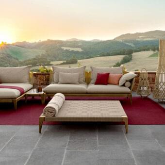 Superior Talenti Cruise ottoman with smoke teak wood frame and durable elastic synthetic belt weave in neutral beige tones with satin finish
