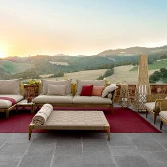 Distinguished Talenti Cruise ottoman with refined elastic synthetic belts and smoke teak wood structure in a matte finish