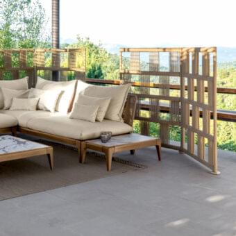 Distinguished Talenti Cruise side table with smoke teak wood base and Capraia porcelain stoneware tabletop