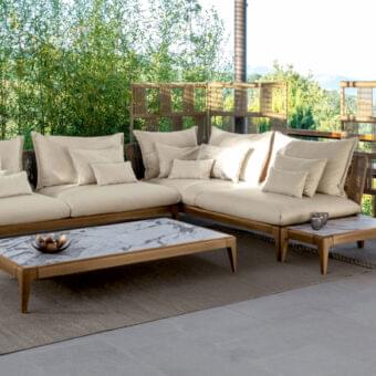 Exceptional Talenti Cruise side table with Capraia porcelain stoneware top and solid smoke teak wood base