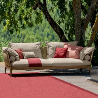 Distinguished Talenti Cruise sofa crafted with teak wood and woven synthetic rope in neutral beige and vibrant red shades