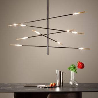 Remarkable Bonaldo Crossroad suspension lamp crafted in matte lead-colored lacquered metal with amber glass enclosures