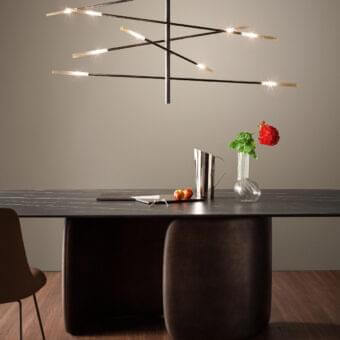 Exceptional Bonaldo Crossroad suspension lamp with intersecting metal rods and amber-colored glass elements in matt lead lacquered finish