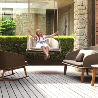 Superior Talenti Cleo sofa with curved silhouette and removable brown textile cushions built with a matte stained wood structure