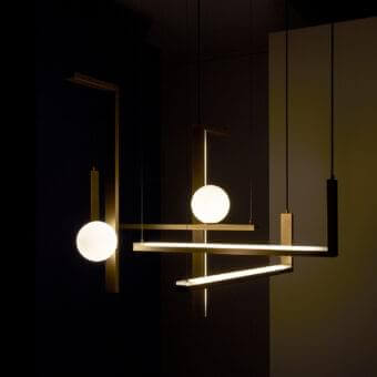 Distinguished VENICEM Less System 5 suspension lamp in burnished natural brass with refined satin glass diffusers and a geometric structure