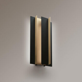 Distinguished VENICEM Secret wall lamp crafted in light burnished brass and matte black metal with an asymmetrical form