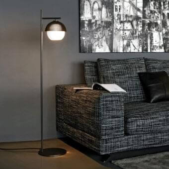 Exceptional VENICEM Urban Floor Lamp with burnished brass structure and matt black perforated metal mesh lampshade crafted in white Murano glass
