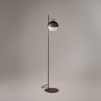 Elegant VENICEM Urban Floor Lamp with burnished brass structure and matt gold perforated metal mesh lampshade crafted with a white Murano glass diffuser